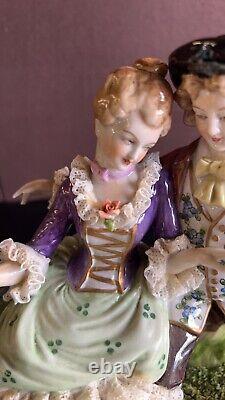 Unterweissbach German Dresden Lace Figurine Courting Couple Cockatoo Bird LARGE