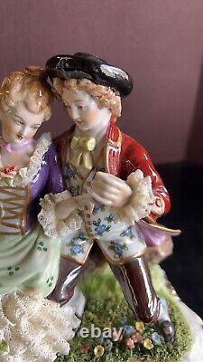 Unterweissbach German Dresden Lace Figurine Courting Couple Cockatoo Bird LARGE