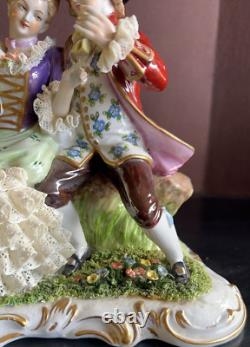 Unterweissbach German Dresden Lace Figurine Courting Couple Cockatoo Bird LARGE