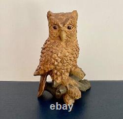 VERY RARE Vintage HAND CARVED light Wood & PAINTED OWL Figurine