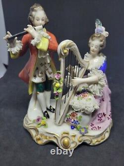 VOLKSTEDT GERMAN PORCELAIN LACE FIGURINES Harp And Flute Couple 1762 ANTIQUE