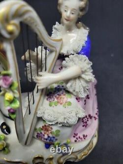 VOLKSTEDT GERMAN PORCELAIN LACE FIGURINES Harp And Flute Couple 1762 ANTIQUE