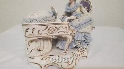 VTG Dresden Lace Porcelain Figurine Lady Playing Piano Germany 5.75x 6x 3.75