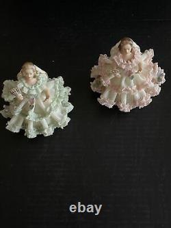 VTG Germany Dresden Lace 2 Ladies Figurines Seated On Chair With Fan 2.5x3