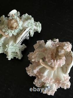 VTG Germany Dresden Lace 2 Ladies Figurines Seated On Chair With Fan 2.5x3