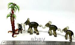 VTG Handmade Glass Elephants withtrunks holding tails under Palm tree Germany 50s