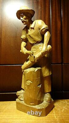 Vintage 12 Hand Carved Woodcutter Lumberjack + Axe Choping Wood Statue Figurine