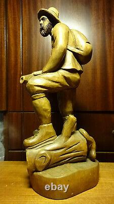 Vintage 15 Wood Hand Carved German Hunter Huntsman + Dog + Gun Statue Figurine
