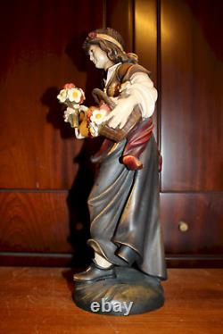 Vintage 15 Wooden Hand Carved Dancing Girl Woman Bouquet Of Flowers Figurine