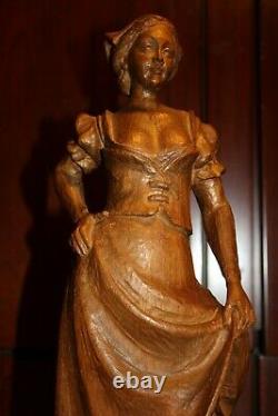 Vintage 16 Wooden Hand Carved Girl Woman In Traditional German Costume Statue