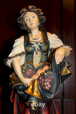Vintage 16 Wooden Hand Carved Girl Woman Wine Grapes Fruits Statue Figurine