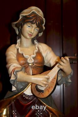 Vintage 18 Wooden Hand Carved Girl Woman Musician Mandolin Statue Figurine