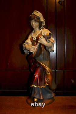 Vintage 18 Wooden Hand Carved Girl Woman Musician Mandolin Statue Figurine