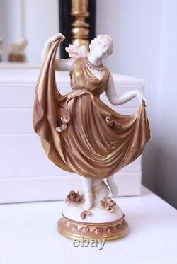 Vintage 1945 Volkstedt German Porcelain Figurine Nymph Dancer in Gold Dress 2