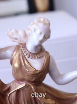 Vintage 1945 Volkstedt German Porcelain Figurine Nymph Dancer in Gold Dress 2