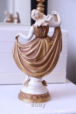 Vintage 1945 Volkstedt German Porcelain Figurine Nymph Dancer in Gold Dress 2