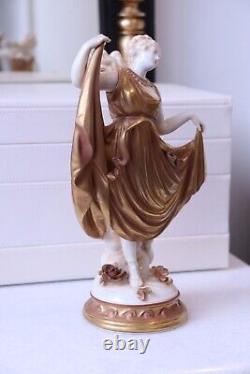 Vintage 1945 Volkstedt German Porcelain Figurine Nymph Dancer in Gold Dress 2