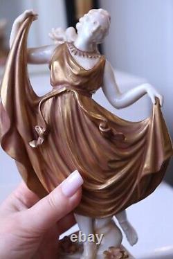 Vintage 1945 Volkstedt German Porcelain Figurine Nymph Dancer in Gold Dress 2