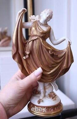 Vintage 1945 Volkstedt German Porcelain Figurine Nymph Dancer in Gold Dress 2