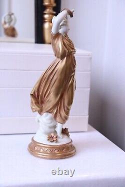 Vintage 1945 Volkstedt German Porcelain Figurine Nymph Dancer in Gold Dress 5