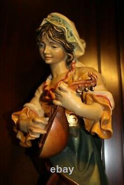 Vintage 24 Black Forest Wooden Hand Carved Girl Woman Musician Mandolin Statue