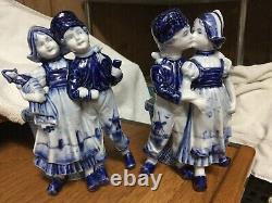 Vintage 2pc Matching Pair Germany Delft Cobalt Blue Dutch Boy & Girl W Baskets