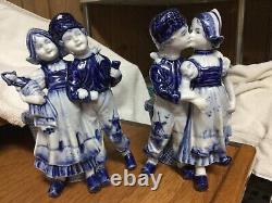 Vintage 2pc Matching Pair Germany Delft Cobalt Blue Dutch Boy & Girl W Baskets