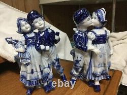 Vintage 2pc Matching Pair Germany Delft Cobalt Blue Dutch Boy & Girl W Baskets