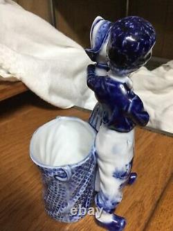 Vintage 2pc Matching Pair Germany Delft Cobalt Blue Dutch Boy & Girl W Baskets