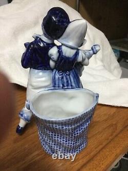 Vintage 2pc Matching Pair Germany Delft Cobalt Blue Dutch Boy & Girl W Baskets