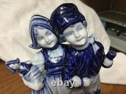 Vintage 2pc Matching Pair Germany Delft Cobalt Blue Dutch Boy & Girl W Baskets