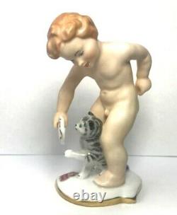 Vintage Alka Kunst Boy with Kitty Porcelain Figurine Western Germany