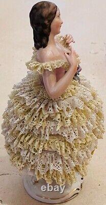 Vintage Antique Dresden Germany Porcelain 7.5 Figurine Ballerina Ruffled Lace