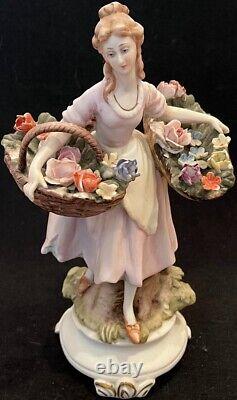 Vintage Antique Dresden Germany Porcelain 7.5 Figurine Lady with Flower Baskets