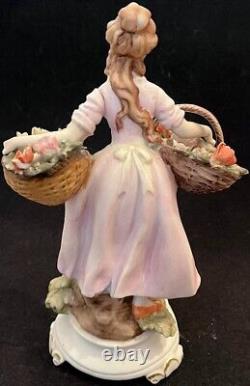 Vintage Antique Dresden Germany Porcelain 7.5 Figurine Lady with Flower Baskets