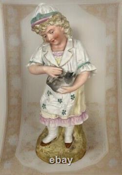 Vintage Antique German Bisque Porcelain Figurine Girl / Woman with Kitty Cat