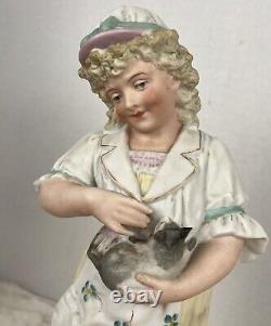 Vintage Antique German Bisque Porcelain Figurine Girl / Woman with Kitty Cat