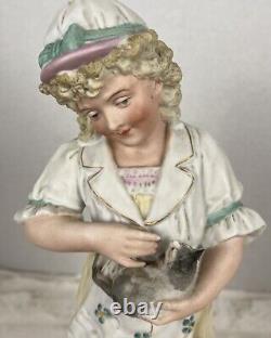 Vintage Antique German Bisque Porcelain Figurine Girl / Woman with Kitty Cat