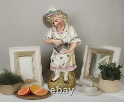 Vintage Antique German Bisque Porcelain Figurine Girl / Woman with Kitty Cat