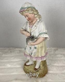 Vintage Antique German Bisque Porcelain Figurine Girl / Woman with Kitty Cat