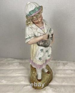 Vintage Antique German Bisque Porcelain Figurine Girl / Woman with Kitty Cat