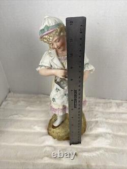 Vintage Antique German Bisque Porcelain Figurine Girl / Woman with Kitty Cat