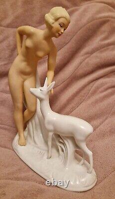 Vintage Art Deco Wallendorf Nude Naked Woman With Deer Porcelain Figurine