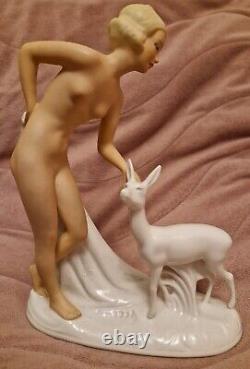 Vintage Art Deco Wallendorf Nude Naked Woman With Deer Porcelain Figurine