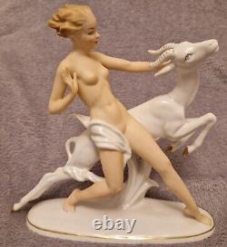 Vintage Art Deco Wallendorf Nude Naked Woman With Gazelle Porcelain Figurine