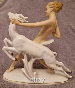 Vintage Art Deco Wallendorf Nude Naked Woman With Gazelle Porcelain Figurine