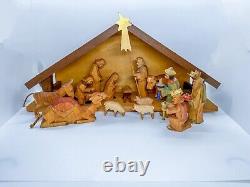 Vintage Carved Wooden Erzgebirge Nativity Manger German With 14 Figures