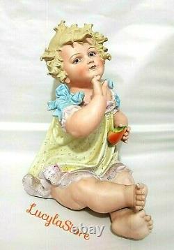 Vintage Conta Boehme BISQUE Porcelain PIANO Baby Figurine GIRL with Fruit 14.5