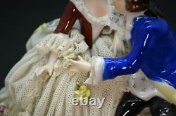Vintage DRESDEN Porcelain Lace Figurine Victorian Couple Sitting on Bench RARE