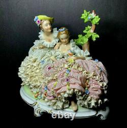 Vintage Dresden Art Porcelain Lace Victorian Figurine-2 girls with birds